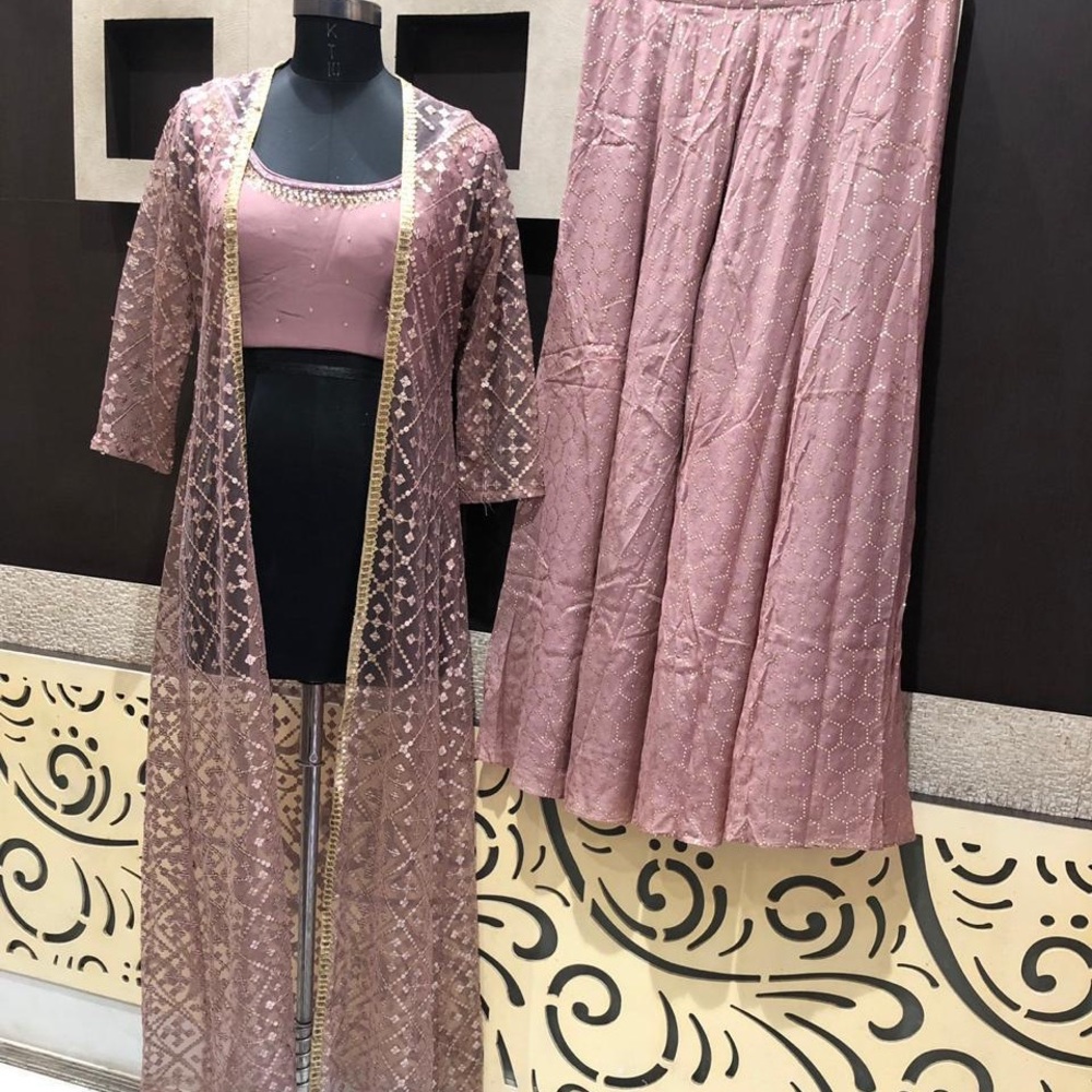 Elegant Pink Embroidered indo-western Dress with Sheer Overlay mauve pink color